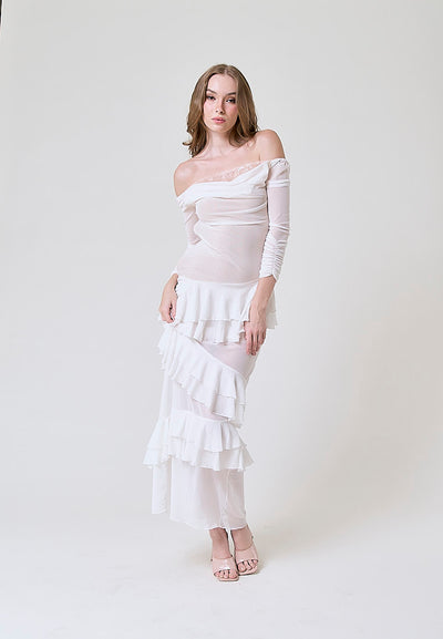 Ahora White Mesh Pleated Maxi Dress