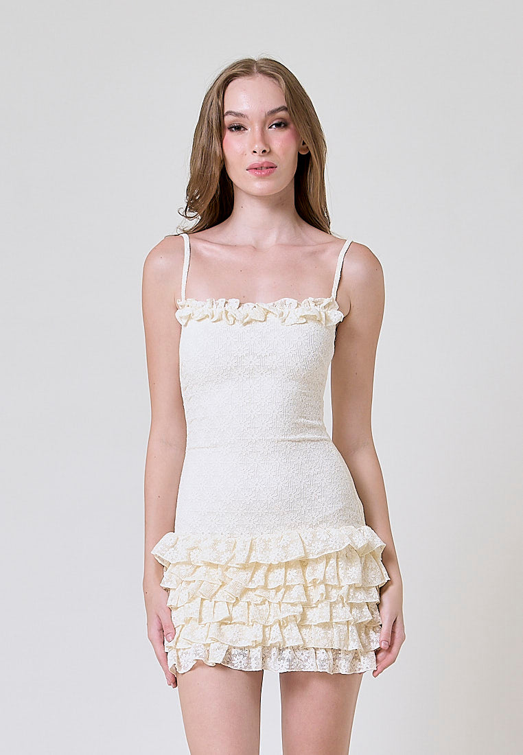 Keena Cream Spaghetti Strap  Bodycon Lace Mini Dress