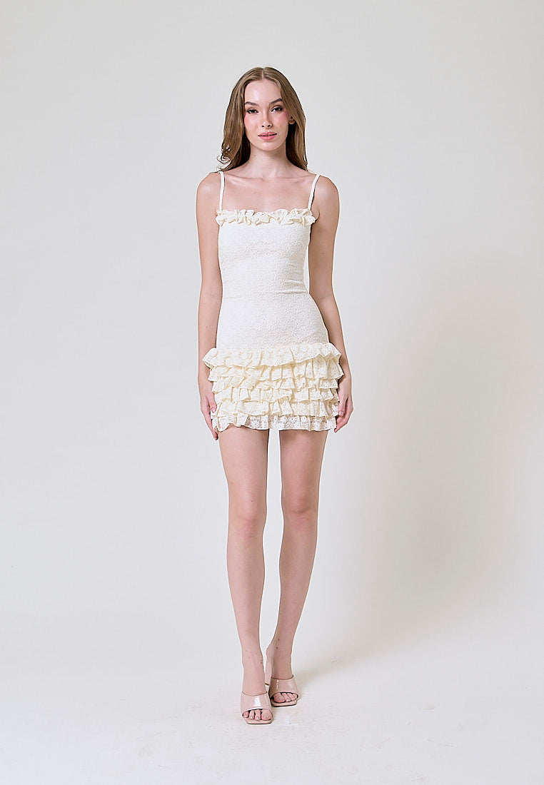 Keena Cream Spaghetti Strap  Bodycon Lace Mini Dress