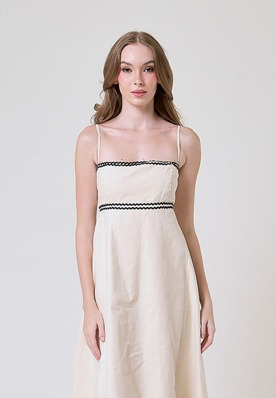 Clara Beige and Black Conrast Layered Square Neck Midi Dress