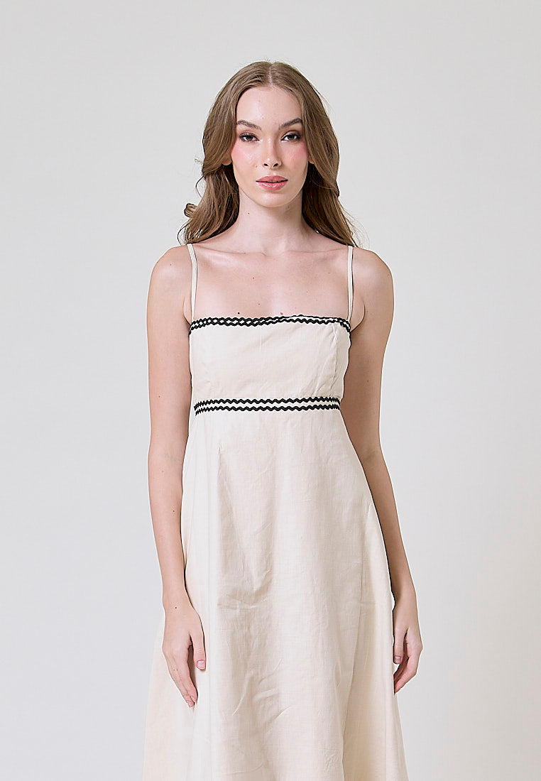 Clara Beige and Black Conrast Layered Square Neck Midi Dress