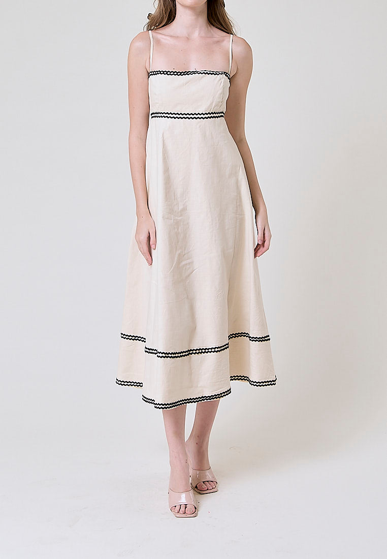 Clara Beige and Black Conrast Layered Square Neck Midi Dress