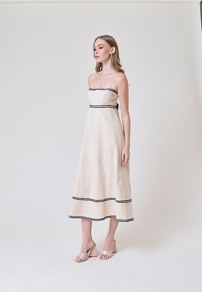 Clara Beige and Black Conrast Layered Square Neck Midi Dress