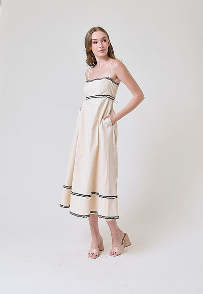 Clara Beige and Black Conrast Layered Square Neck Midi Dress