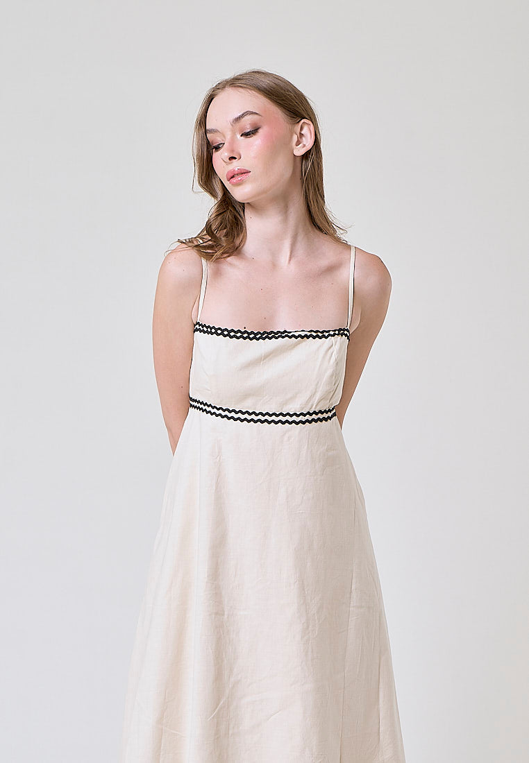 Clara Beige and Black Conrast Layered Square Neck Midi Dress