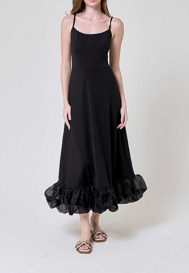 Oprah Black Bubble Ruffle Flowy A Line Midi Dress