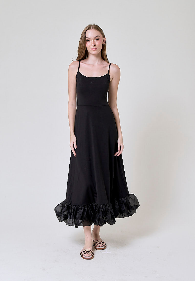 Oprah Black Bubble Ruffle Flowy A Line Midi Dress