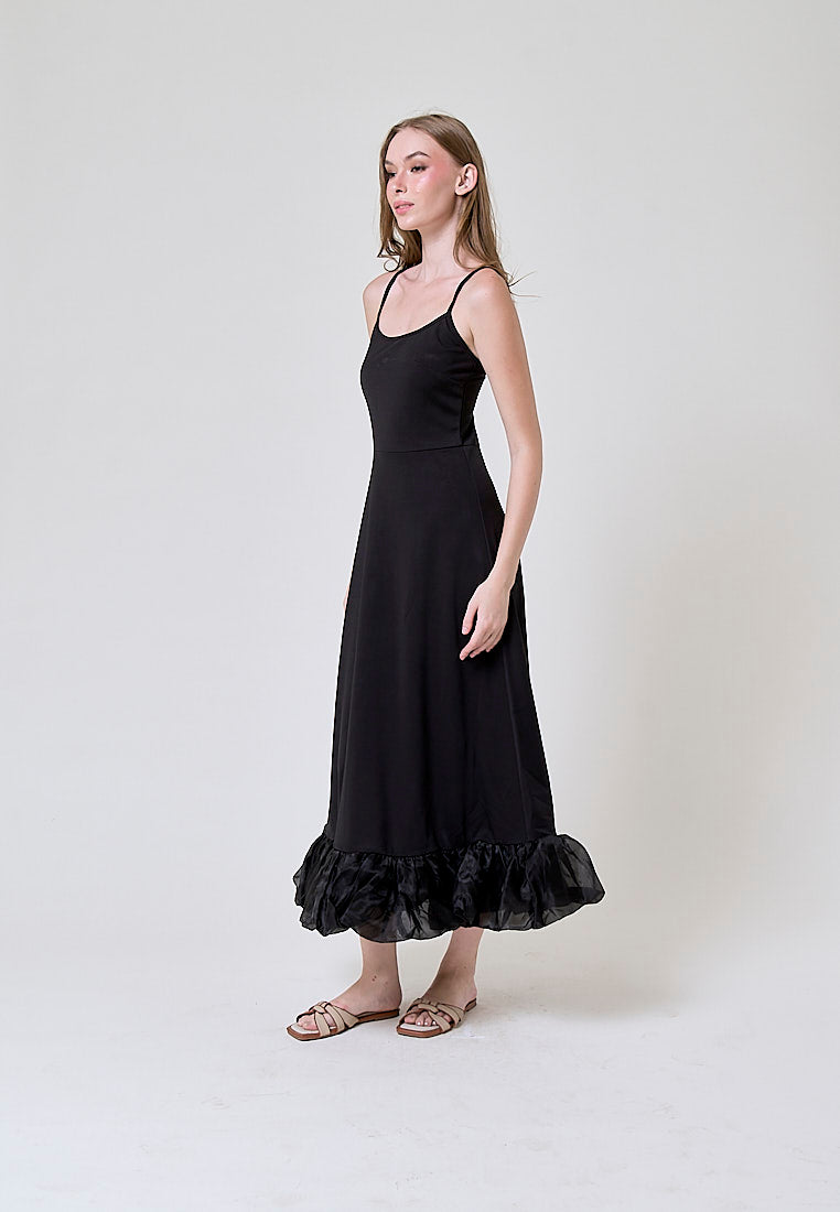 Oprah Black Bubble Ruffle Flowy A Line Midi Dress