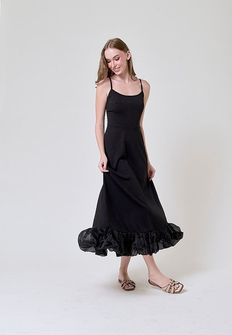 Oprah Black Bubble Ruffle Flowy A Line Midi Dress