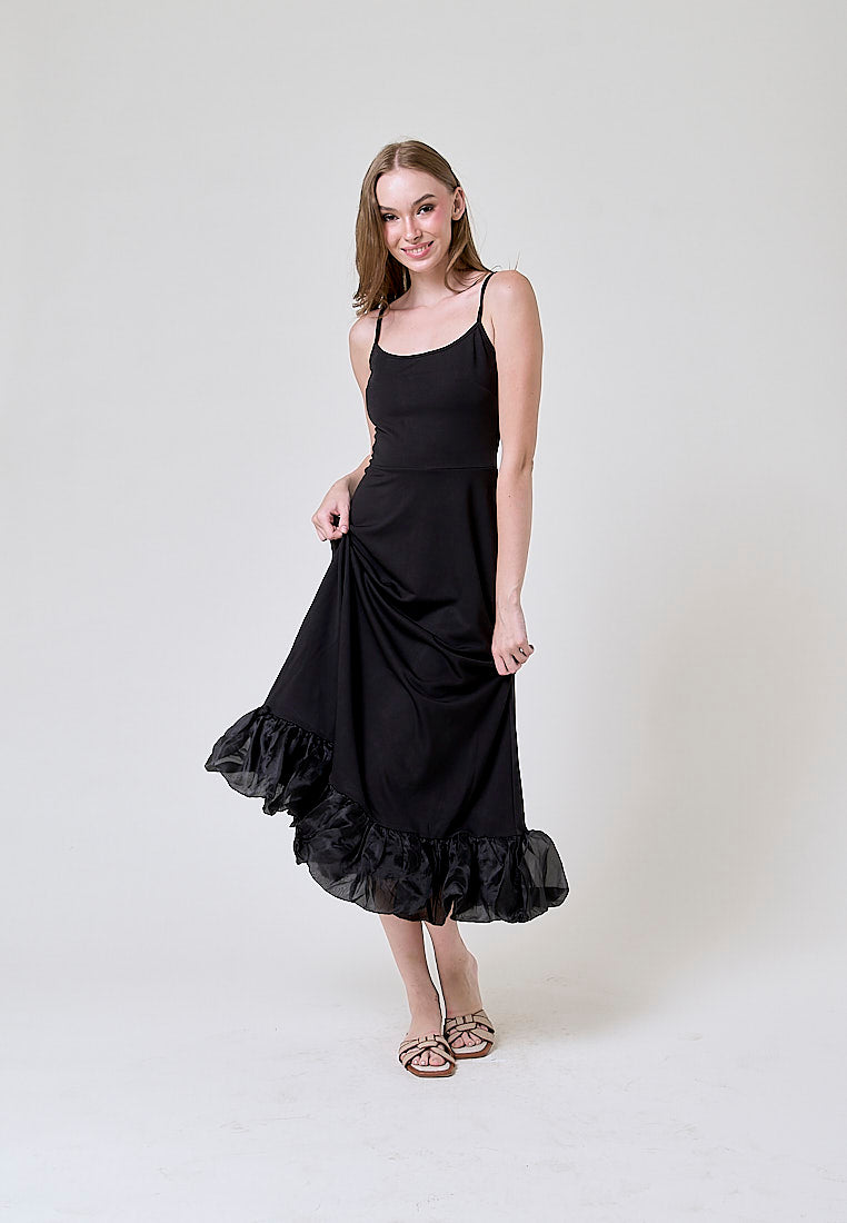 Oprah Black Bubble Ruffle Flowy A Line Midi Dress