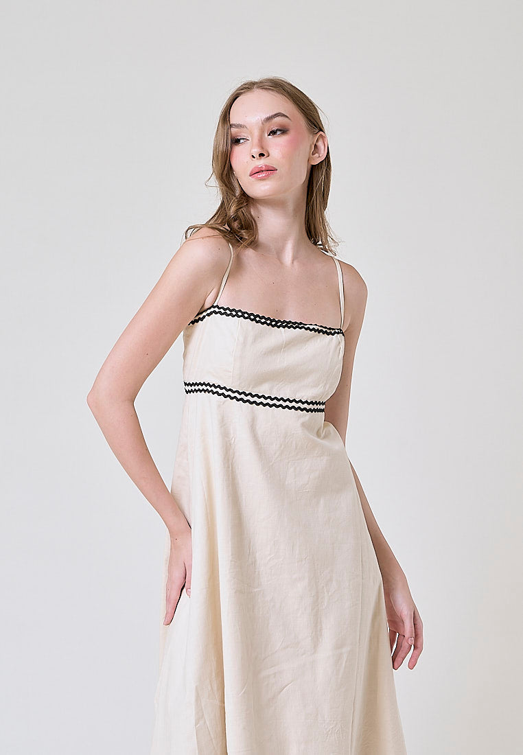 Clara Beige and Black Conrast Layered Square Neck Midi Dress