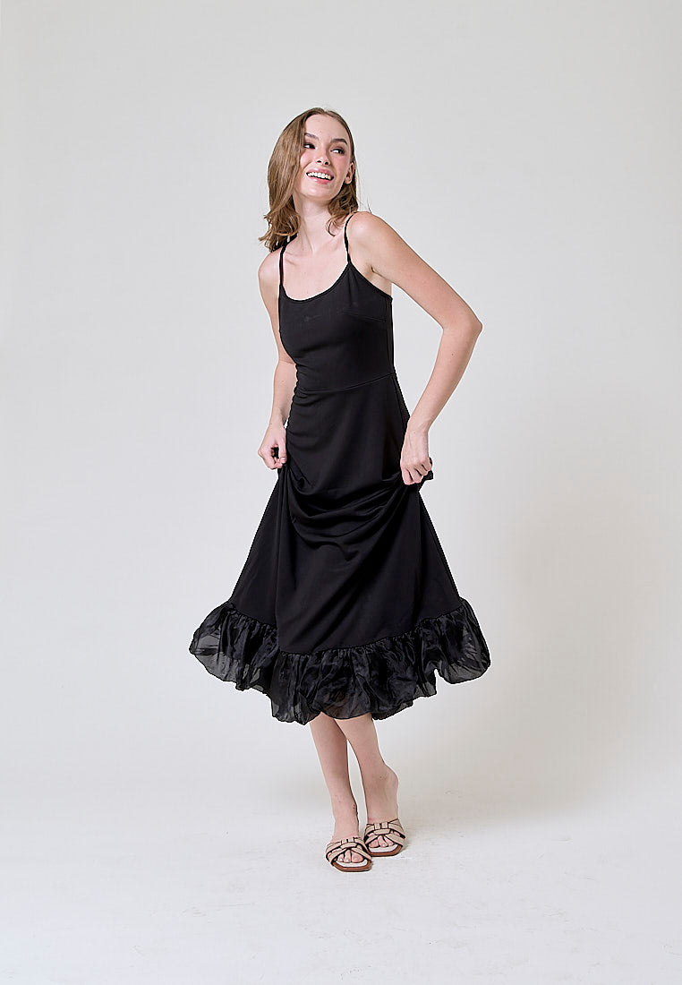 Oprah Black Bubble Ruffle Flowy A Line Midi Dress