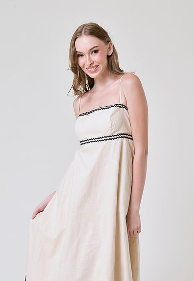 Clara Beige and Black Conrast Layered Square Neck Midi Dress