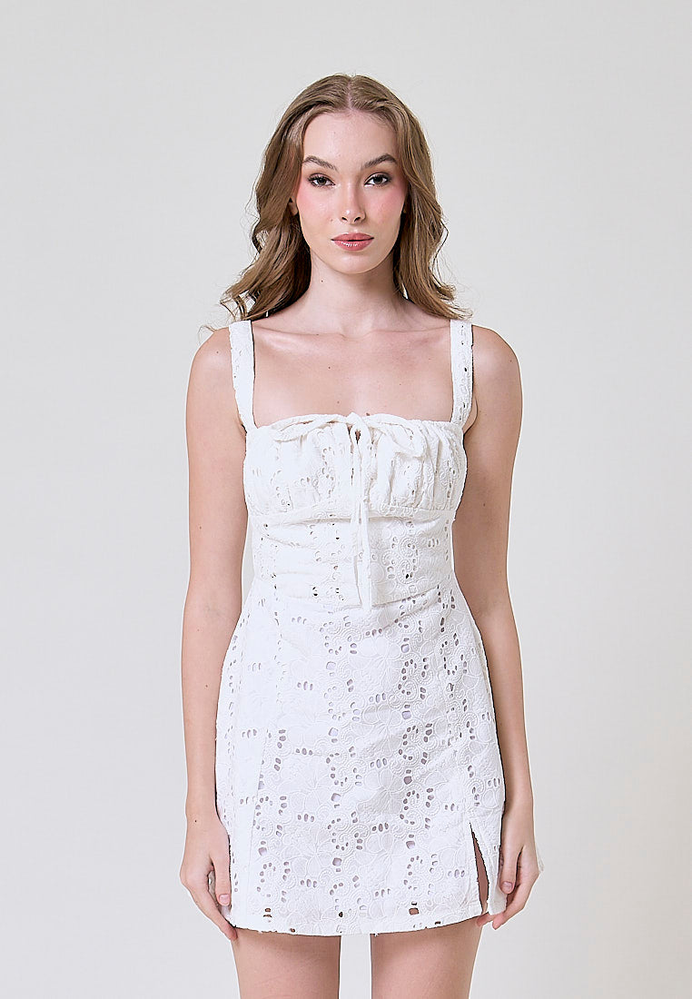 Aradia White Eyelet Front Slit Mini Dress