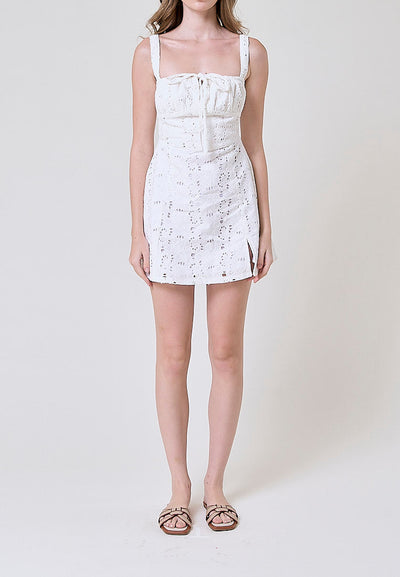 Aradia White Eyelet Front Slit Mini Dress