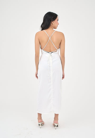 Marguerite Off White Cowl Neck and back strapy Detail Midi Dress