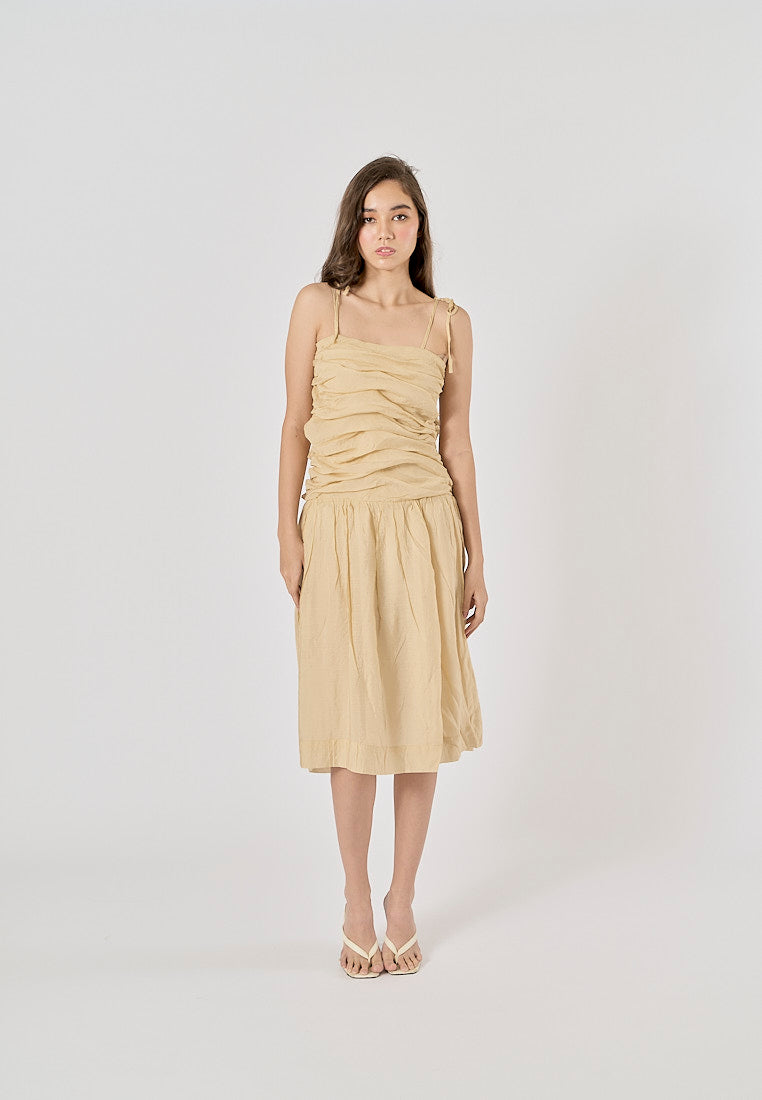 Nazha Beige Thin Strap Pleated Midi Dress