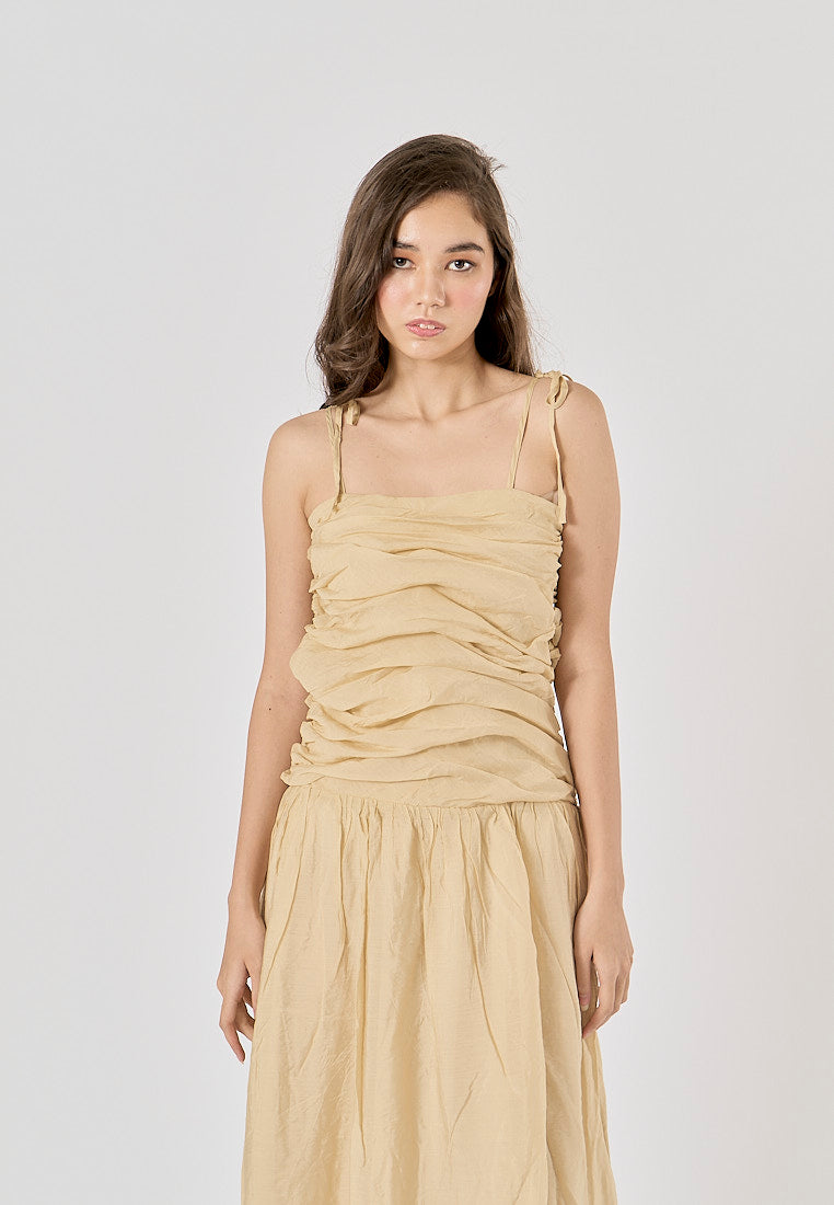 Nazha Beige Thin Strap Pleated Midi Dress