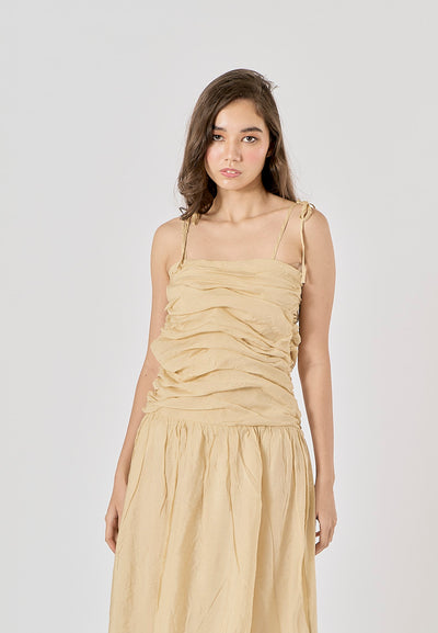 Nazha Beige Thin Strap Pleated Midi Dress