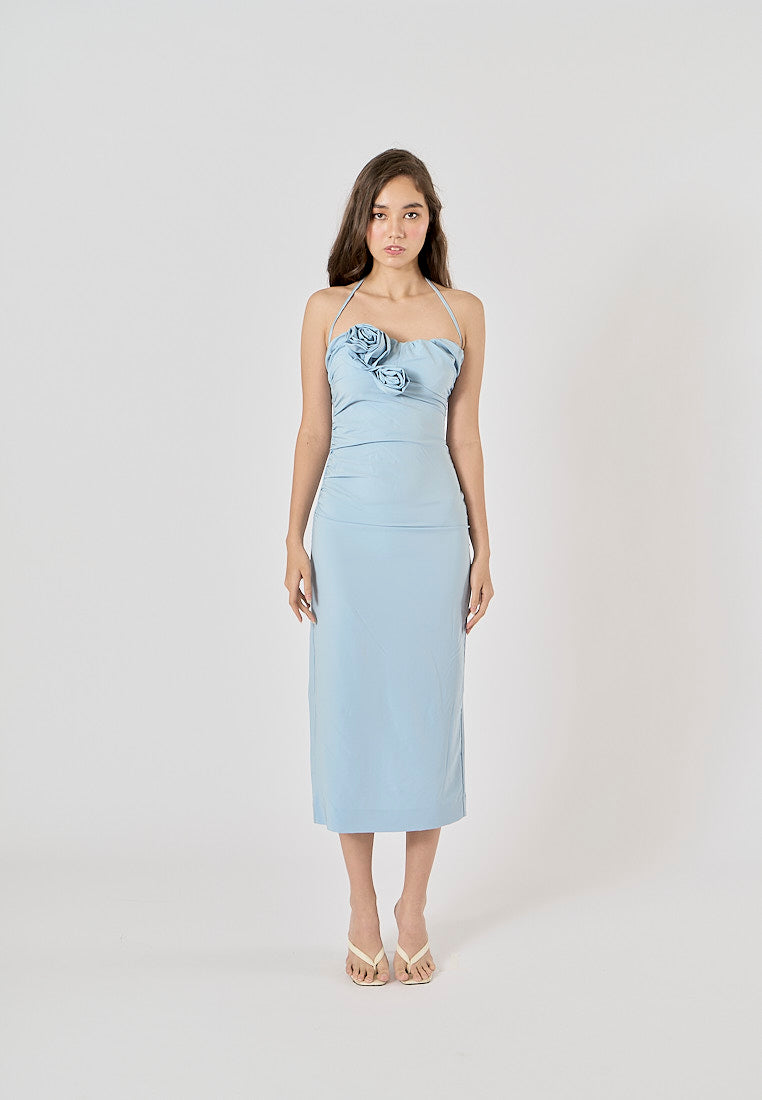 Rykiel Blue Flowers Appliques Halter Neck Midi Dres