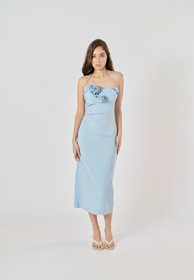 Rykiel Blue Flowers Appliques Halter Neck Midi Dres