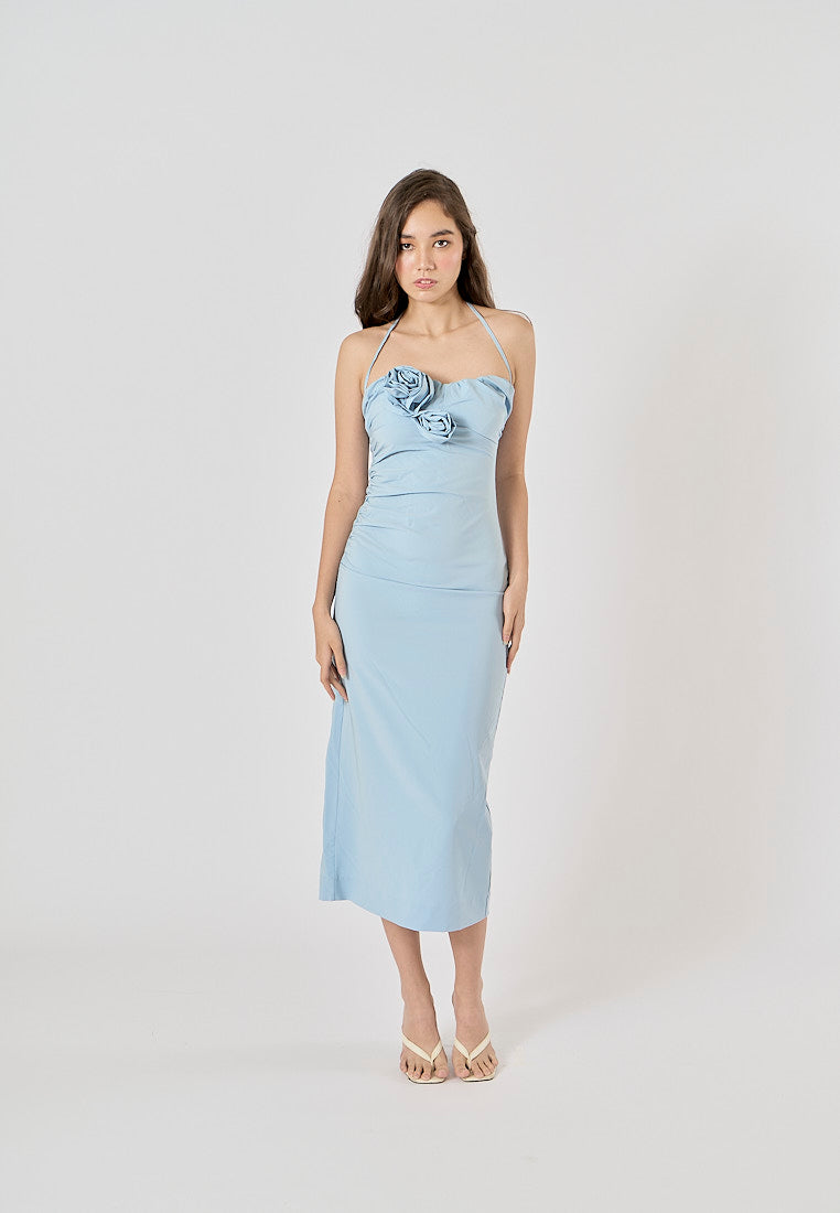 Rykiel Blue Flowers Appliques Halter Neck Midi Dres