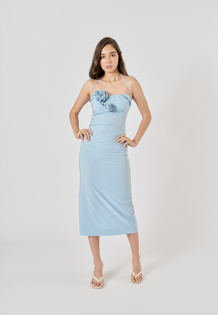 Rykiel Blue Flowers Appliques Halter Neck Midi Dres