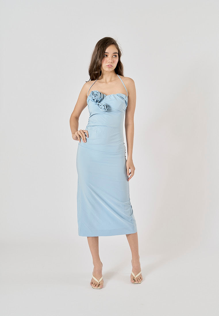 Rykiel Blue Flowers Appliques Halter Neck Midi Dres