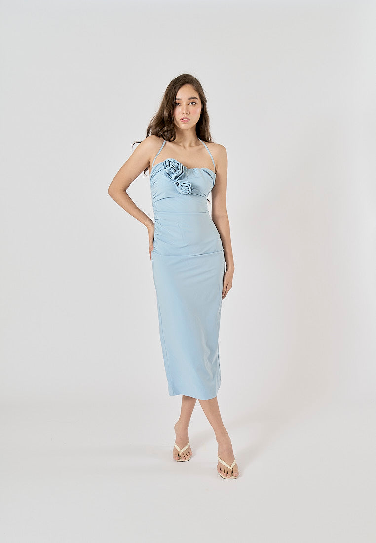 Rykiel Blue Flowers Appliques Halter Neck Midi Dres