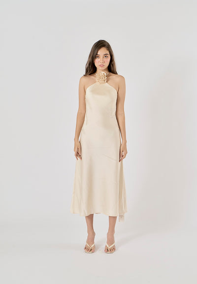 Kova Beige Detachable Flower Applique Halter Neck Midi Dress