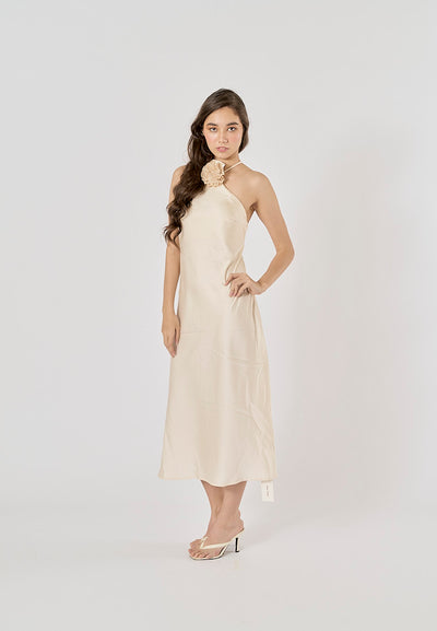 Kova Beige Detachable Flower Applique Halter Neck Midi Dress