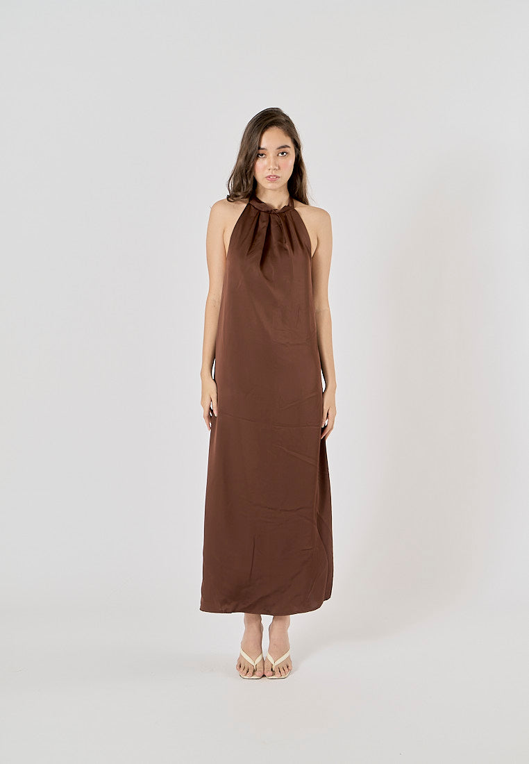 Fernley Brown Back Hollow Out Halter Maxi Dress