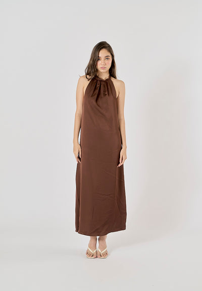 Fernley Brown Back Hollow Out Halter Maxi Dress