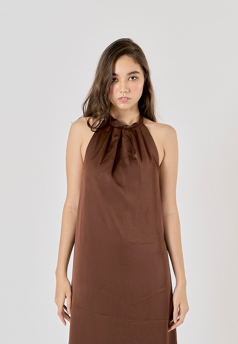 Fernley Brown Back Hollow Out Halter Maxi Dress