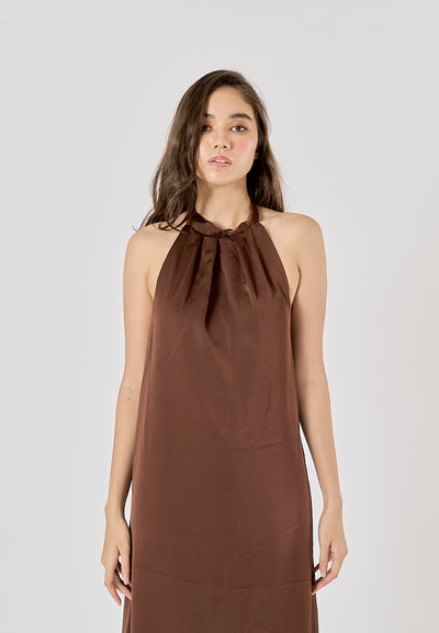 Fernley Brown Back Hollow Out Halter Maxi Dress