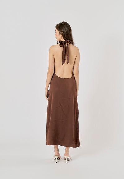 Fernley Brown Back Hollow Out Halter Maxi Dress