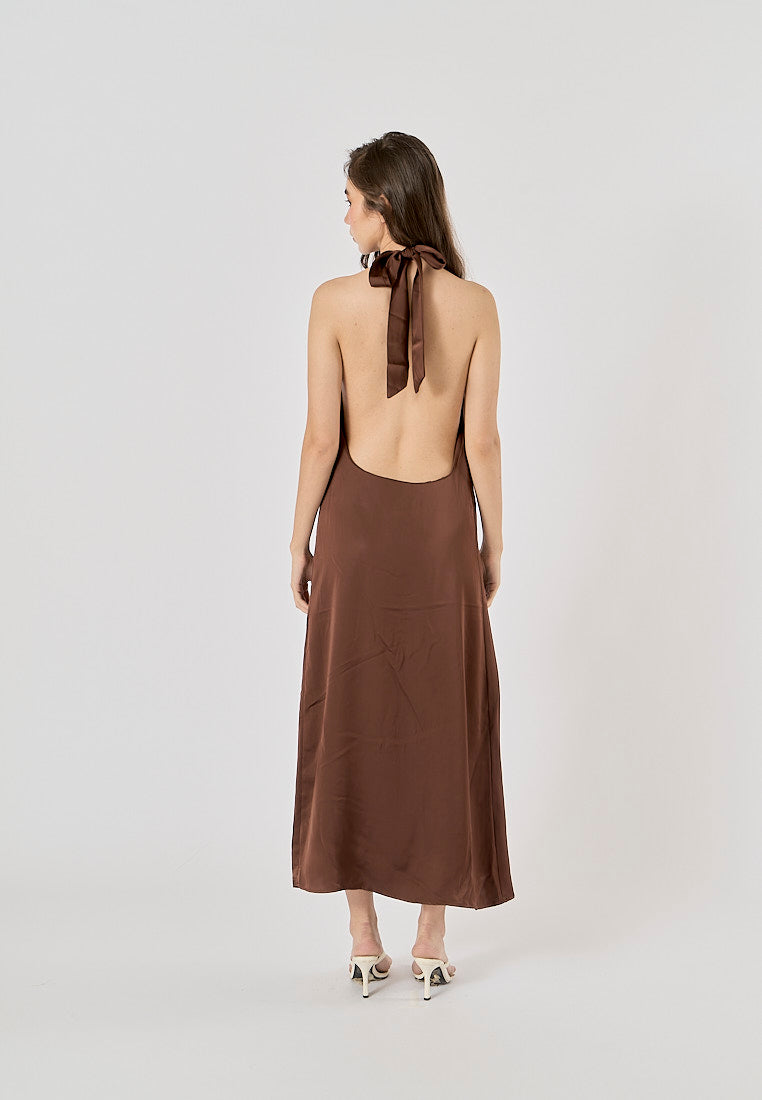 Fernley Brown Back Hollow Out Halter Maxi Dress