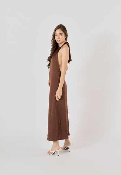 Fernley Brown Back Hollow Out Halter Maxi Dress