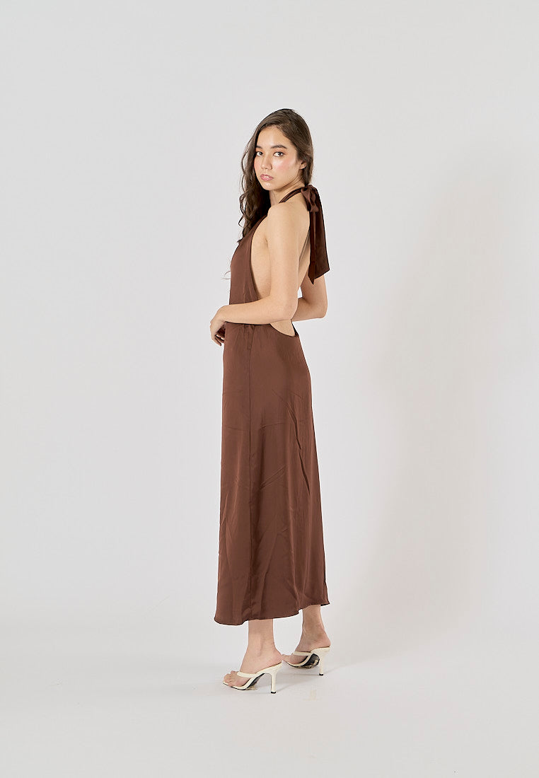 Fernley Brown Back Hollow Out Halter Maxi Dress