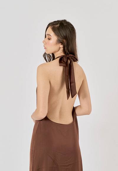 Fernley Brown Back Hollow Out Halter Maxi Dress