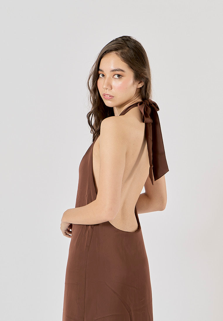 Fernley Brown Back Hollow Out Halter Maxi Dress