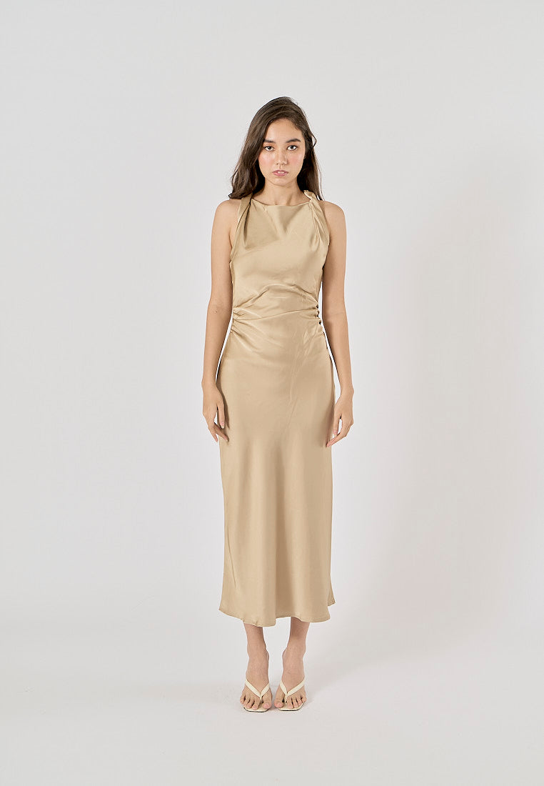 Seporha Khaki Cowl Neck Midi Dress