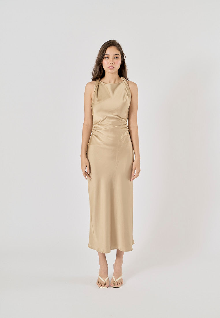 Seporha Khaki Cowl Neck Midi Dress