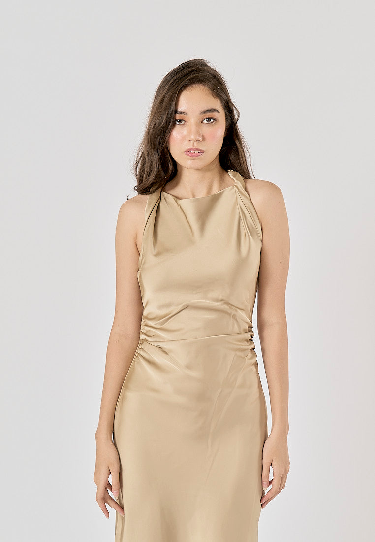 Seporha Khaki Cowl Neck Midi Dress