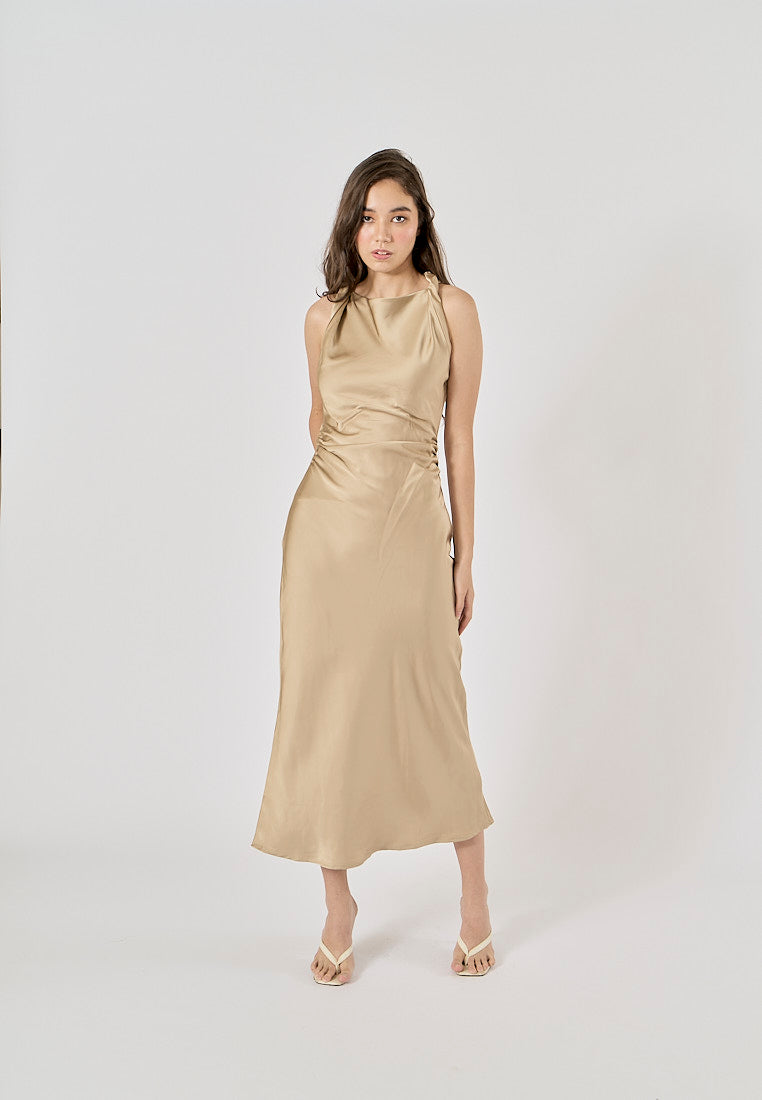 Seporha Khaki Cowl Neck Midi Dress