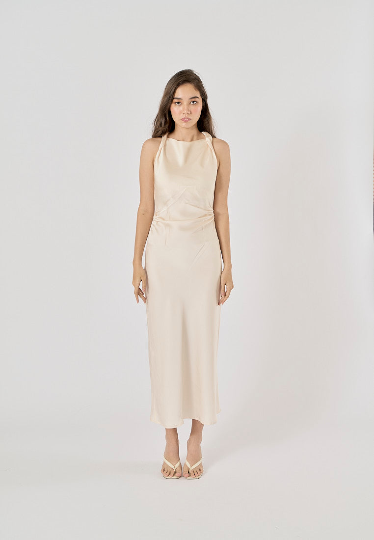 Seporha Beige Cowl Neck Midi Dress