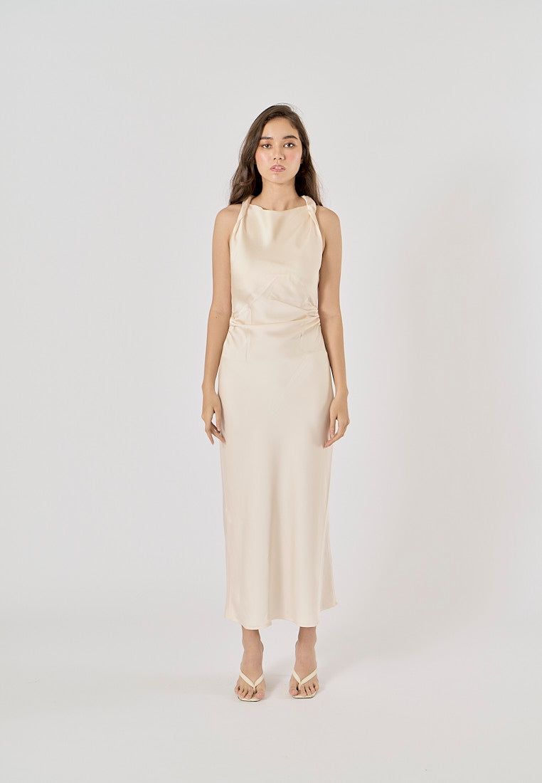 Seporha Beige Cowl Neck Midi Dress