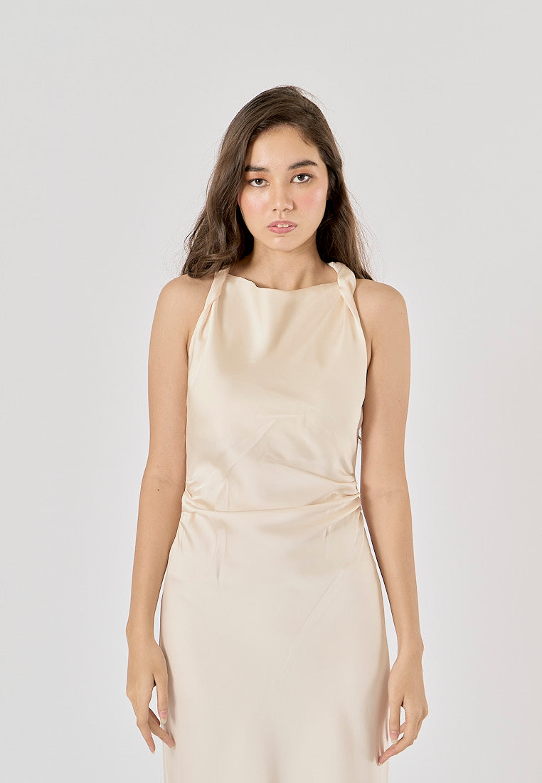 Seporha Beige Cowl Neck Midi Dress