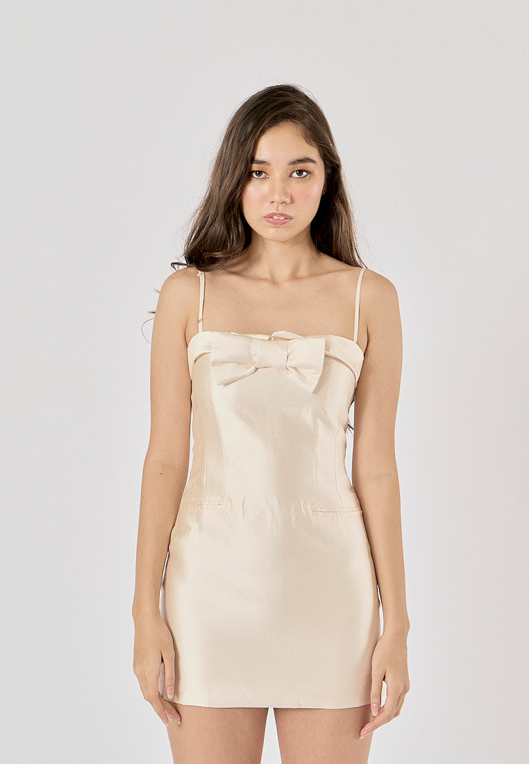 Birtle Beige Front Bow Tie Mini Dress