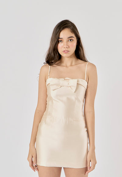 Birtle Beige Front Bow Tie Mini Dress